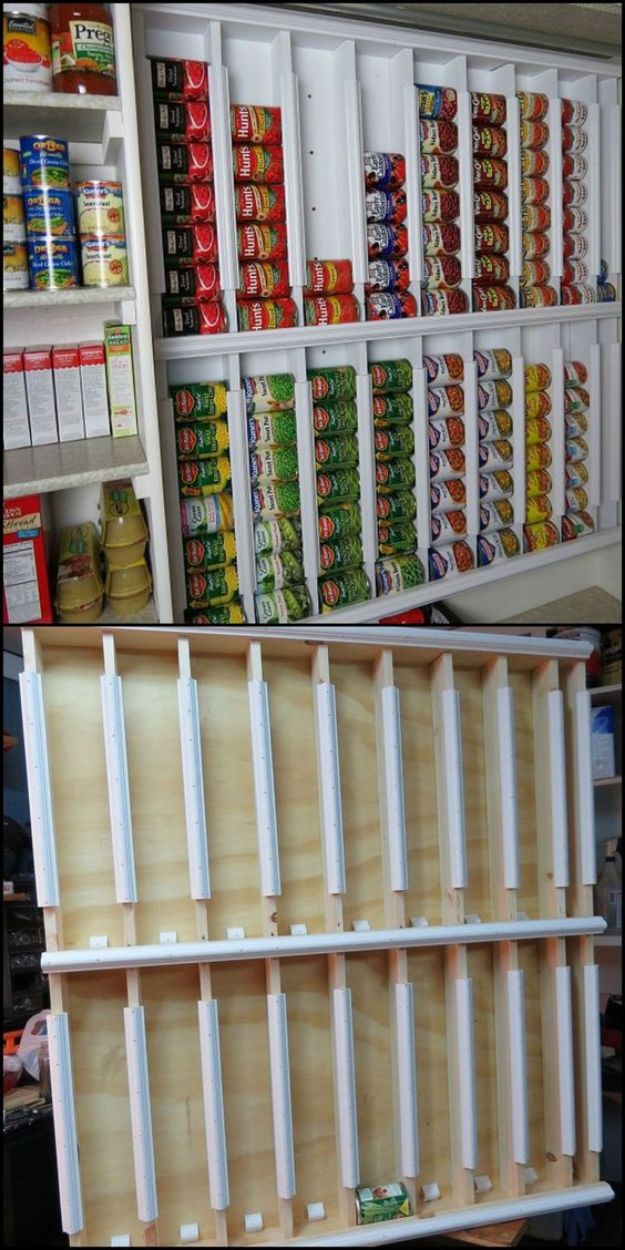 DIY Pantry Organizing Ideas - Rotating Canned Food System Shelves - Easy Organization for the Kitchen Pantry - Cheap Shelving and Storage Jars, Labels, Containers, Baskets to Organize Cans and Food, Spices