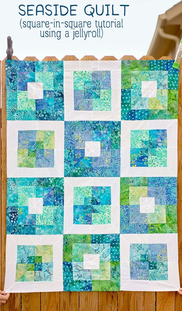 Easy Quilt Ideas for Beginners - Seaside Squares Lap Quilt - Free Quilt Patterns and Simple Projects With Fat Quarters - How to Make Baby Blankets, Table Runners, Jelly Rolls