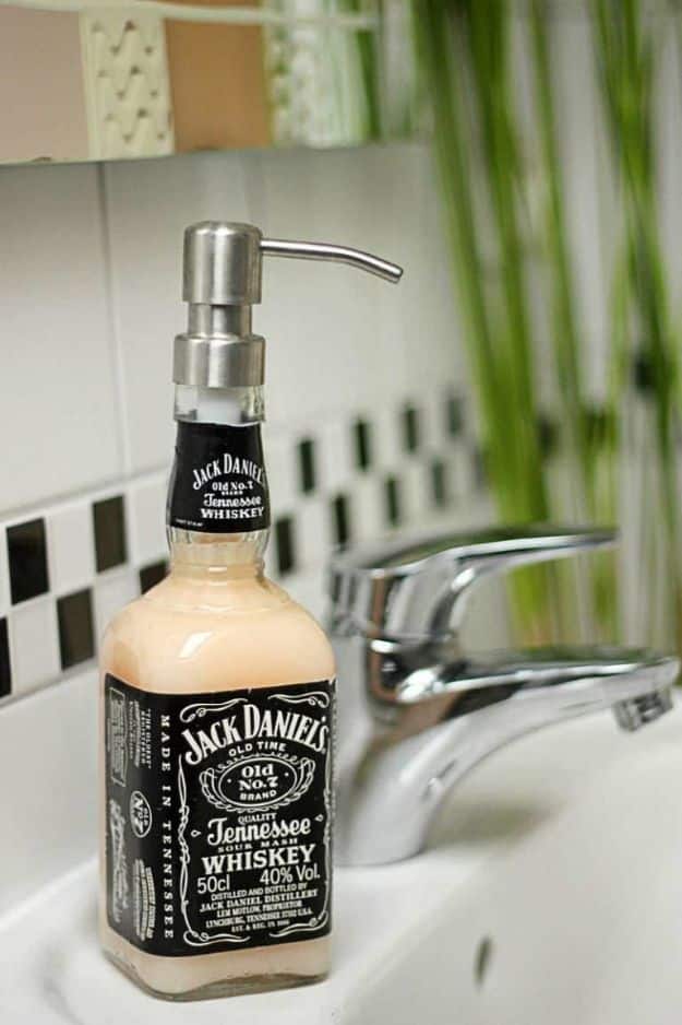 DIY Soap Dispensers - Soap Dispenser DIY Using Whiskey Bottle - Easy Soap Dispenser Ideas to Make for Kitchen, Bathroom - Mason Jar Idea, Cute Crafts to Make and Sell, Kids Bath Decor