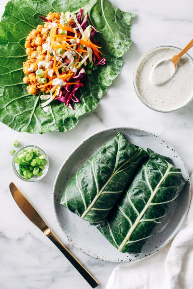 Recipes for Clean Eating - Barbecue Chickpea Collard Wraps with Hemp Ranch Dressing - Raw and Whole Foods, Unprocessed Meal and Snack Ideas for Lunch and Dinner - Fresh, Healthy Foods and Recipe Ideas