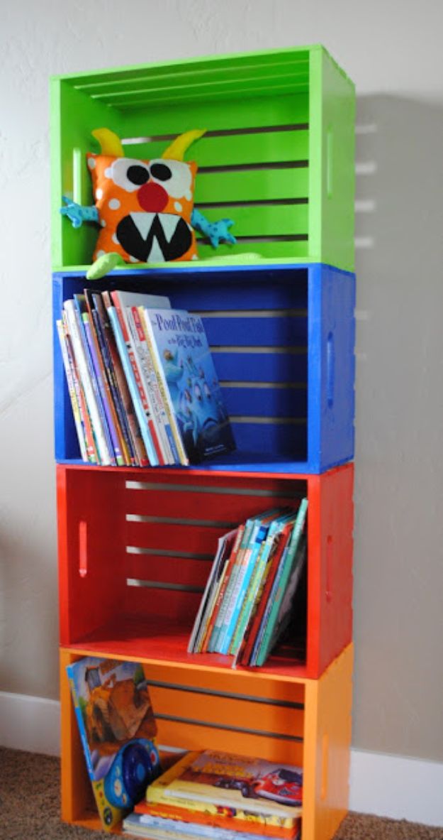 DIY Bookshelves - DIY Colorful Crate Bookshelf - Easy Book Shelf Ideas to Build for Cheap Home Decor - Tutorials and Plans, Best IKEA Hacks, Rustic Farmhouse and Mid Century Modern