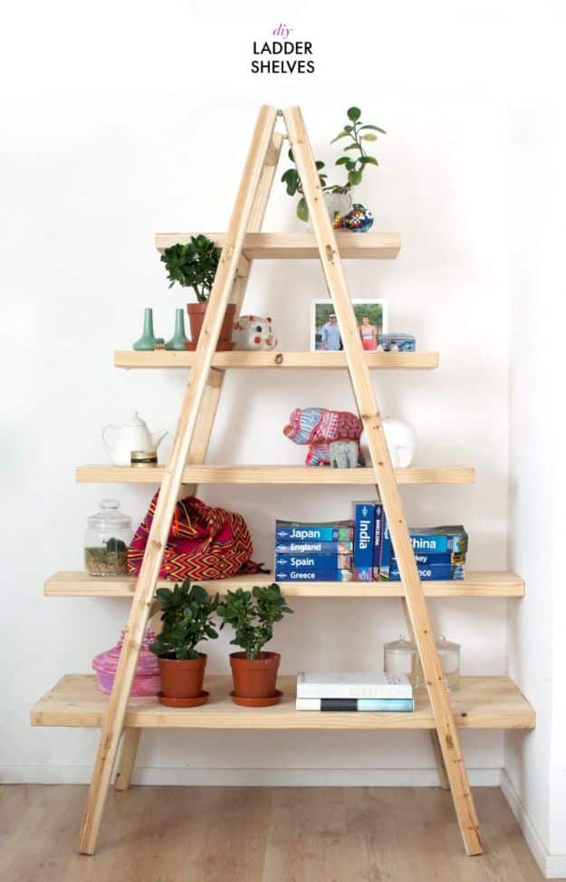 DIY Bookshelves - DIY Ladder Shelves - Easy Book Shelf Ideas to Build for Cheap Home Decor - Tutorials and Plans, Best IKEA Hacks, Rustic Farmhouse and Mid Century Modern