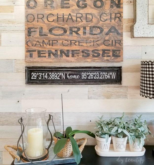 DIY Signs To Make For Your Home | DIY Sign with GPS Coordinates - Rustic Wall Art Ideas and Homemade Sign for Bedroom, Kitchen, Farmhouse Decor | Stencil Pallet and Distressed Vintage