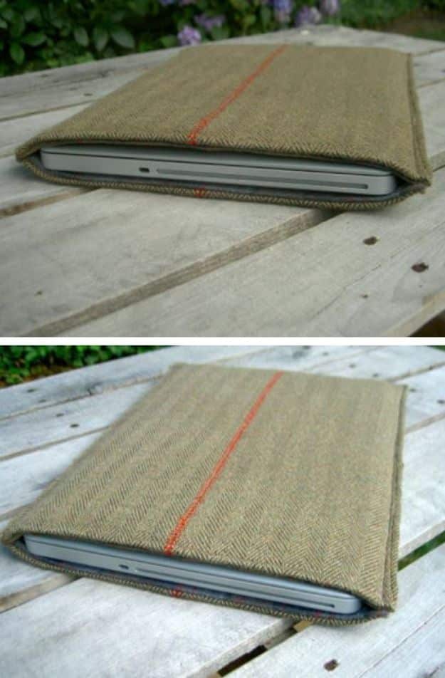 DIY Laptop Bags - DIY Wool Sportcoat Repurposed Into Laptop Sleeve - Easy Bag Projects to Make For Your Computer - Cool and Cheap Homemade Messnger Bags, Cases for Laptops - Shoulder Bag and Briefcase, Backpack