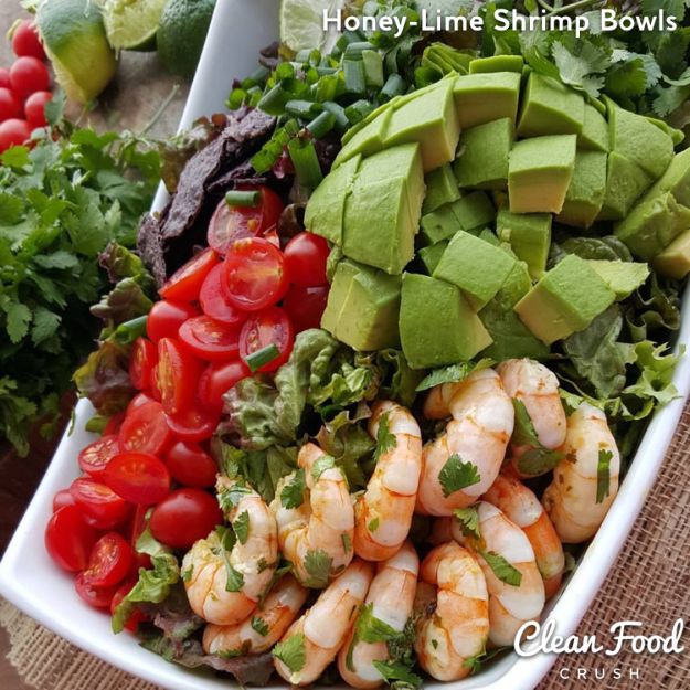 Recipes for Clean Eating - Honey-Lime Shrimp Bowls with Homemade Clean Dressing - Raw and Whole Foods, Unprocessed Meal and Snack Ideas for Lunch and Dinner - Fresh, Healthy Foods and Recipe Ideas