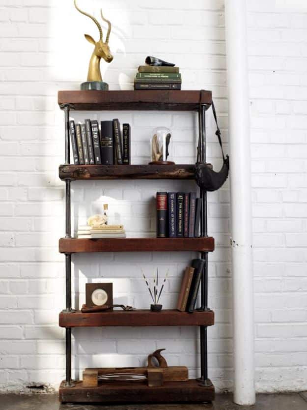 DIY Bookshelves - Industrial Rustic Bookshelf - Easy Book Shelf Ideas to Build for Cheap Home Decor - Tutorials and Plans, Best IKEA Hacks, Rustic Farmhouse and Mid Century Modern