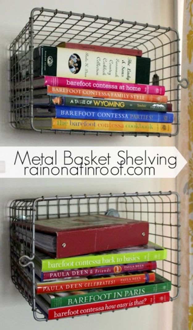 DIY Bookshelves - Metal Basket Shelf - Easy Book Shelf Ideas to Build for Cheap Home Decor - Tutorials and Plans, Best IKEA Hacks, Rustic Farmhouse and Mid Century Modern