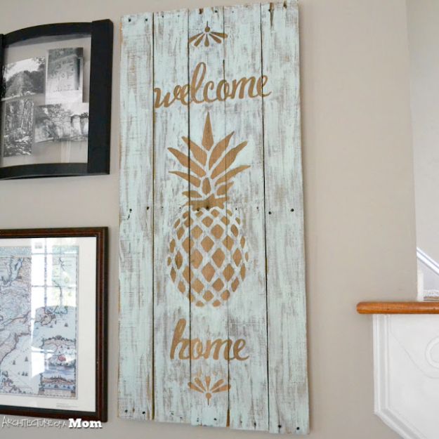 DIY Signs To Make For Your Home | Pineapple Wooden Upcycled Pallet Sign - Rustic Wall Art Ideas and Homemade Sign for Bedroom, Kitchen, Farmhouse Decor | Stencil Pallet and Distressed Vintage