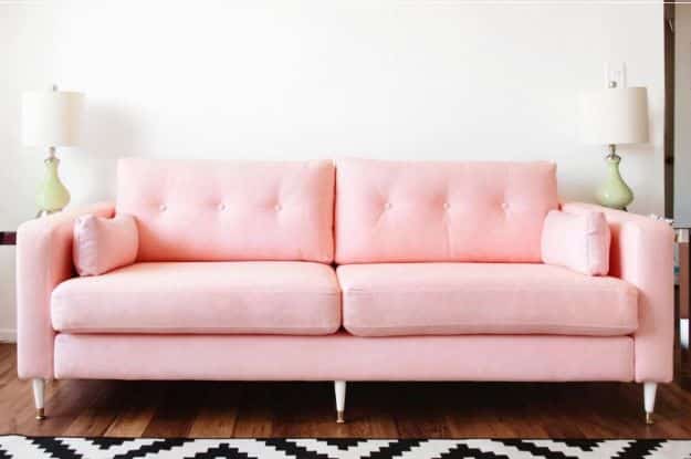 DIY Midcentury Modern Decor Ideas - Pink Mid-Century Inspired Sofa Makeover - DYI Mid Centurty Modern Furniture and Home Decorations - Chairs, Sofa, Wall Art , Shelves, Bedroom and Living Room