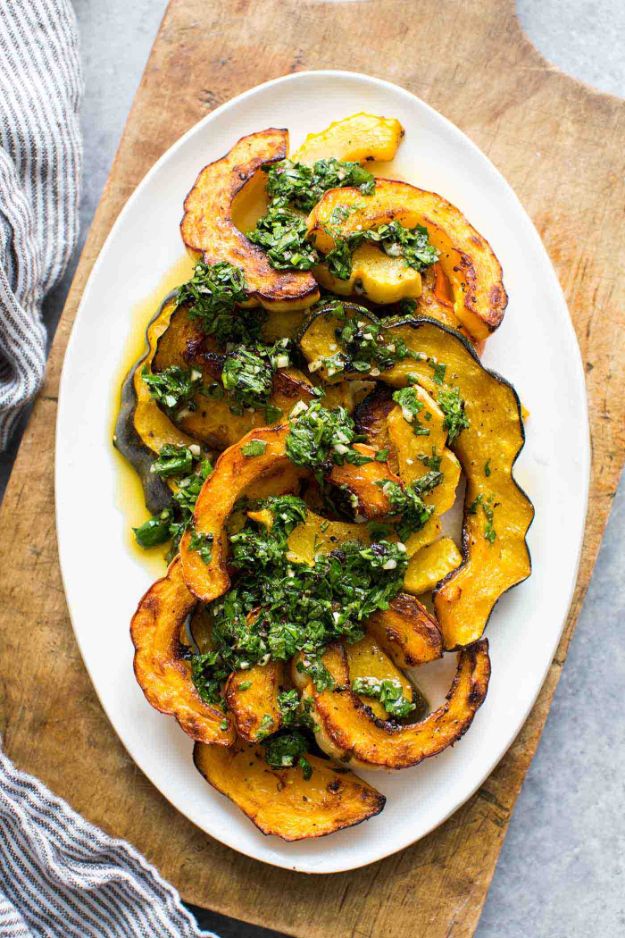 Recipes for Clean Eating - Roasted Winter Squash with Cilantro Chimichurri - Raw and Whole Foods, Unprocessed Meal and Snack Ideas for Lunch and Dinner - Fresh, Healthy Foods and Recipe Ideas
