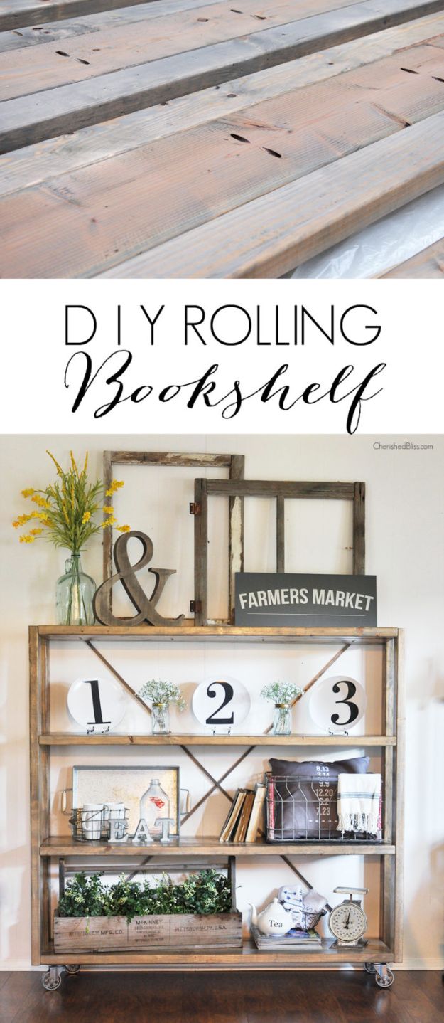 DIY Bookshelves - Rolling DIY Bookshelf - Easy Book Shelf Ideas to Build for Cheap Home Decor - Tutorials and Plans, Best IKEA Hacks, Rustic Farmhouse and Mid Century Modern