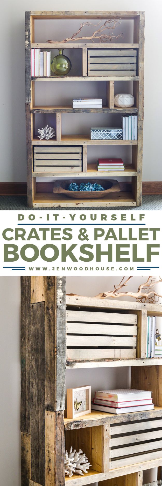 DIY Bookshelf Ideas - Rustic Bookshelf from Crates and Pallet - Crate and Pallets Book Shelf Pinterest - Cheap Farmhouse Home Decor Ideas