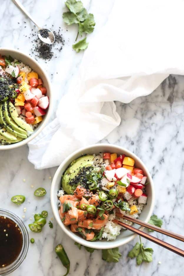 Recipes for Clean Eating - Salmon Poke Bowls with Pickled Radishes, Carrots and Spicy Ponzu - Raw and Whole Foods, Unprocessed Meal and Snack Ideas for Lunch and Dinner - Fresh, Healthy Foods and Recipe Ideas