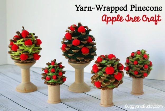 DIY Apple Crafts | Yarn-Wrapped Pinecone Apple Tree Craft - Cute and Easy DIY Ideas With Apples - Painting, Mason Jars, Home Decor