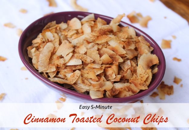 Best Coconut Recipes - 5-Minute Cinnamon Toasted Coconut Chips - Easy Recipe Ideas With Coconut - Side Dishes, Salads and Dessert Idea Made With Coconut - Cake, Cookies, Salad, Chicken