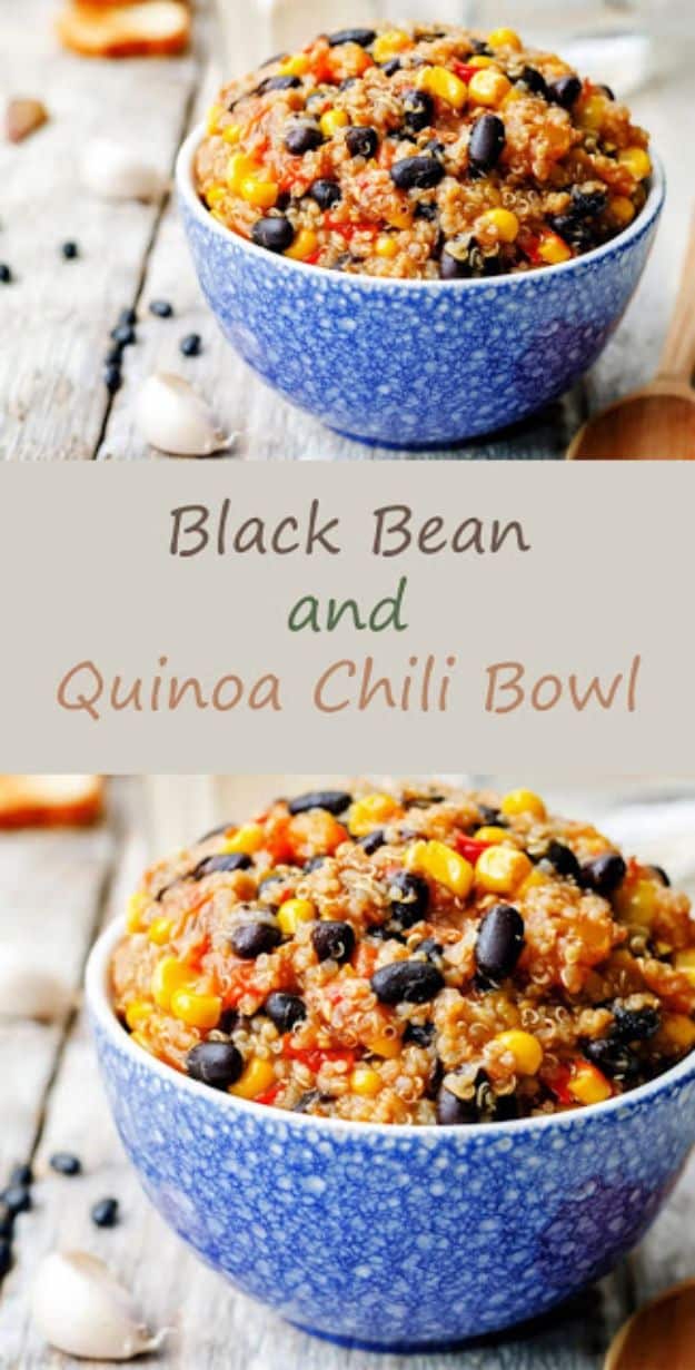 Quinoa Recipes - Black Bean and Quinoa Chili Bowl - Easy Salads, Side Dishes and Healthy Recipe Ideas Made With Quinoa - Vegetable and Grain To Serve For Lunch, Dinner and Snack