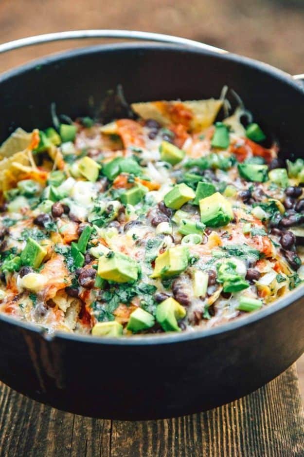 Dutch Oven Recipes - Campfire Nachos - Easy Ideas for Cooking in Dutch Ovens - Soups, Stews, Chicken Dishes, One Pot Meals and Recipe Ideas to Slow Cook for Easy Weeknight Meals