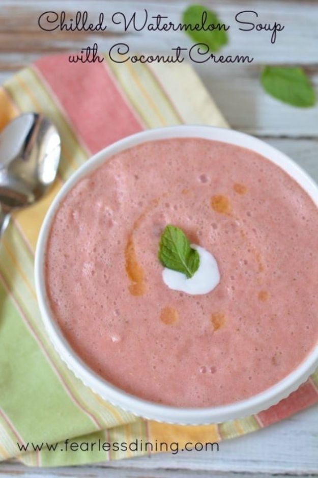Watermelon Recipes - Chilled Watermelon Soup With Coconut Cream - Recipe Ideas for Watermelon - Easy and Quick Drinks, Salad, Party Foods, Cake, Margaritas
