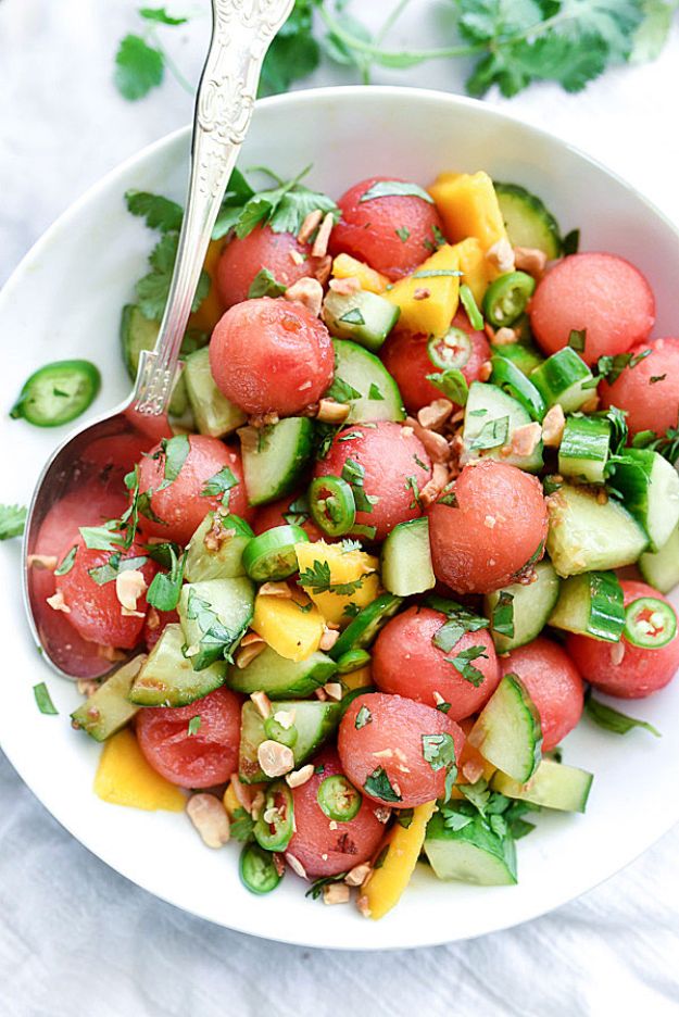Watermelon Recipes - Cucumber Basil And Watermelon Salad With Love & Lemons - Recipe Ideas for Watermelon - Easy and Quick Drinks, Salad, Party Foods, Cake, Margaritas