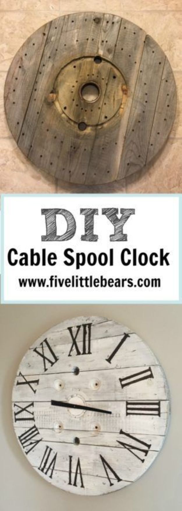 DIY Clocks - DIY Cable Spool Clock - Easy and Cheap Home Decor Ideas and Crafts for Wall Clock - Cool Bedroom and Living Room Decor, Farmhouse and Modern