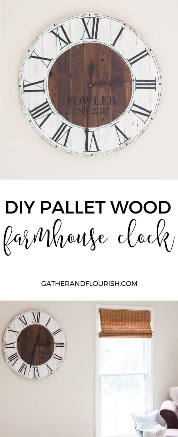 DIY Clocks - DIY Pallet Wood Farmhouse Clock - Easy and Cheap Home Decor Ideas and Crafts for Wall Clock - Cool Bedroom and Living Room Decor, Farmhouse and Modern