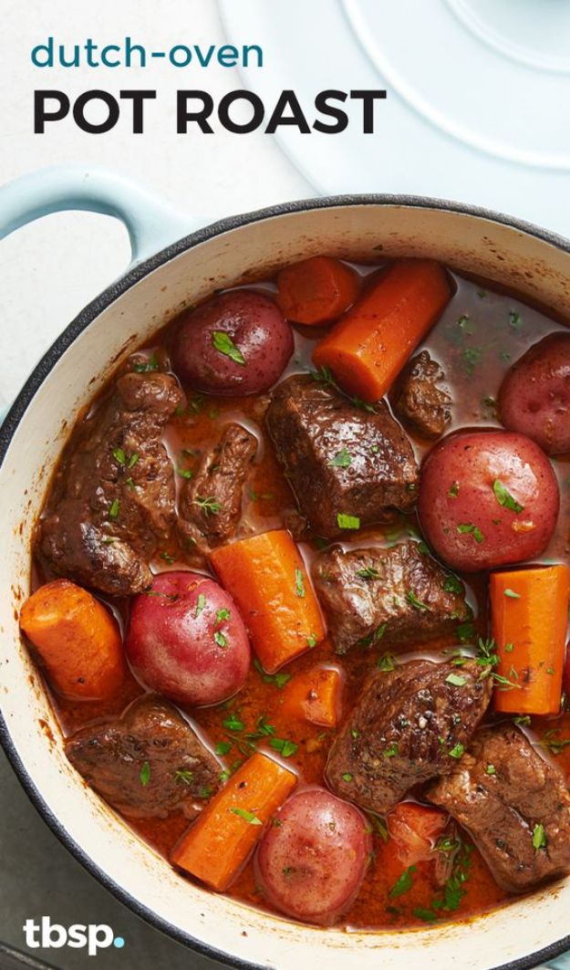 Dutch Oven Recipes - Dutch-Oven Pot Roast - Easy Ideas for Cooking in Dutch Ovens - Soups, Stews, Chicken Dishes, One Pot Meals and Recipe Ideas to Slow Cook for Easy Weeknight Meals