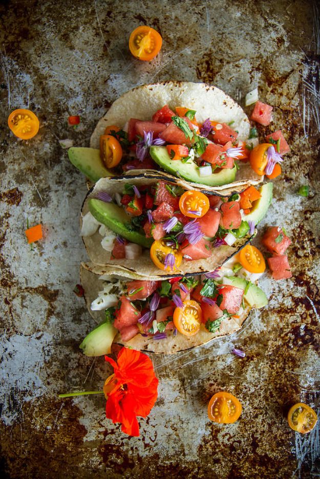 Watermelon Recipes - Grilled Halibut Tacos with Watermelon Salsa - Recipe Ideas for Watermelon - Easy and Quick Drinks, Salad, Party Foods, Cake, Margaritas