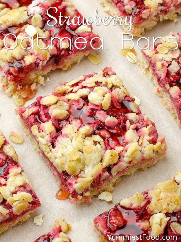 Best Strawberry Recipes -Healthy Breakfast Strawberry Oatmeal Bars - Easy Recipe Ideas With Fresh Strawberries - Dessert, Cakes, Breakfast, Muffins, Pie, Salad