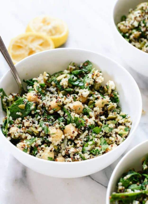 Quinoa Recipes - Herbed Quinoa & Chickpea Salad with Lemon-Tahini Dressing- Easy Salads, Side Dishes and Healthy Recipe Ideas Made With Quinoa - Vegetable and Grain To Serve For Lunch, Dinner and Snack