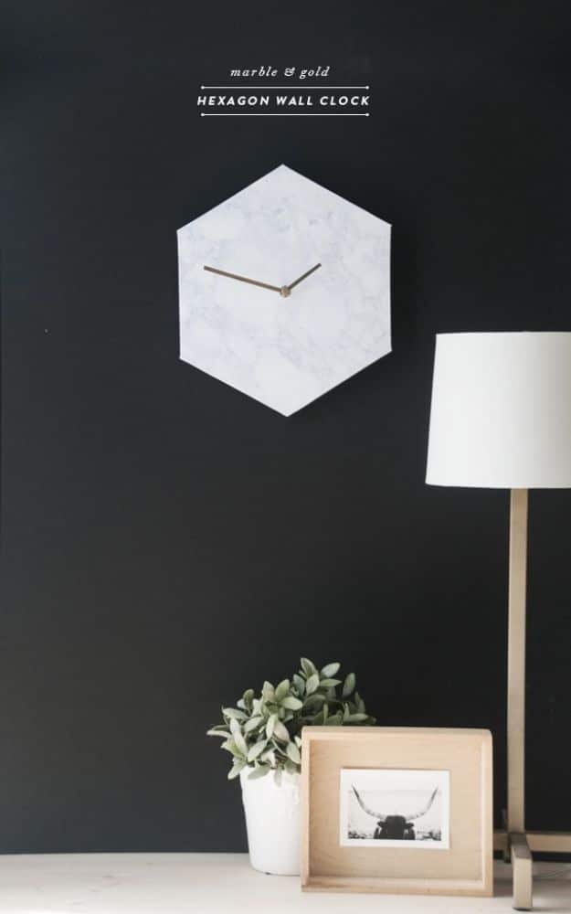 DIY Clocks - Hexagon Marble Wall Clock - Easy and Cheap Home Decor Ideas and Crafts for Wall Clock - Cool Bedroom and Living Room Decor, Farmhouse and Modern