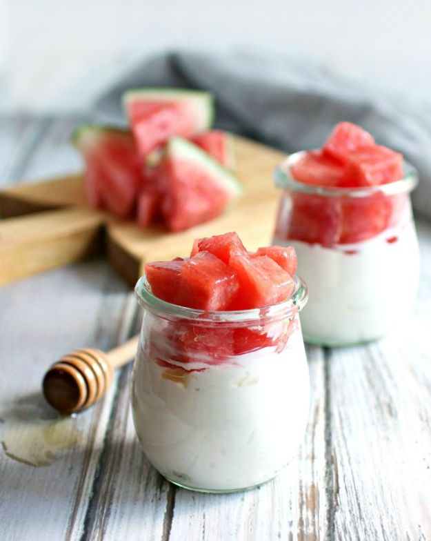 Watermelon Recipes - Honey Drizzled Watermelon and Yogurt Parfait - Easy and Quick Drinks, Salad, Party Foods, Cake, Margaritas