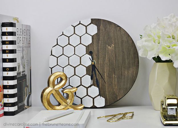 DIY Clocks - Honeycomb DIY Wall Clock - Easy and Cheap Home Decor Ideas and Crafts for Wall Clock - Cool Bedroom and Living Room Decor, Farmhouse and Modern
