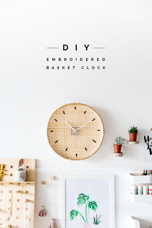 DIY Clocks - Make a DIY Embroidered Basket Clock - Easy and Cheap Home Decor Ideas and Crafts for Wall Clock - Cool Bedroom and Living Room Decor, Farmhouse and Modern