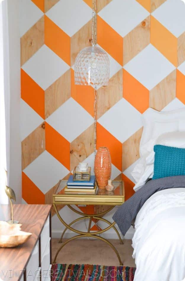 DIY Faux Finishes for Walls - Orange and Wood Ombre 3D Cube Wall - Step by Step Tutorials for Do It Yourself Faux Finish Wall Textures - Rustic, Colour, Tuscan Style, Simple Metallic, Sponge Painting Techniques, Roller and Drag Texture 