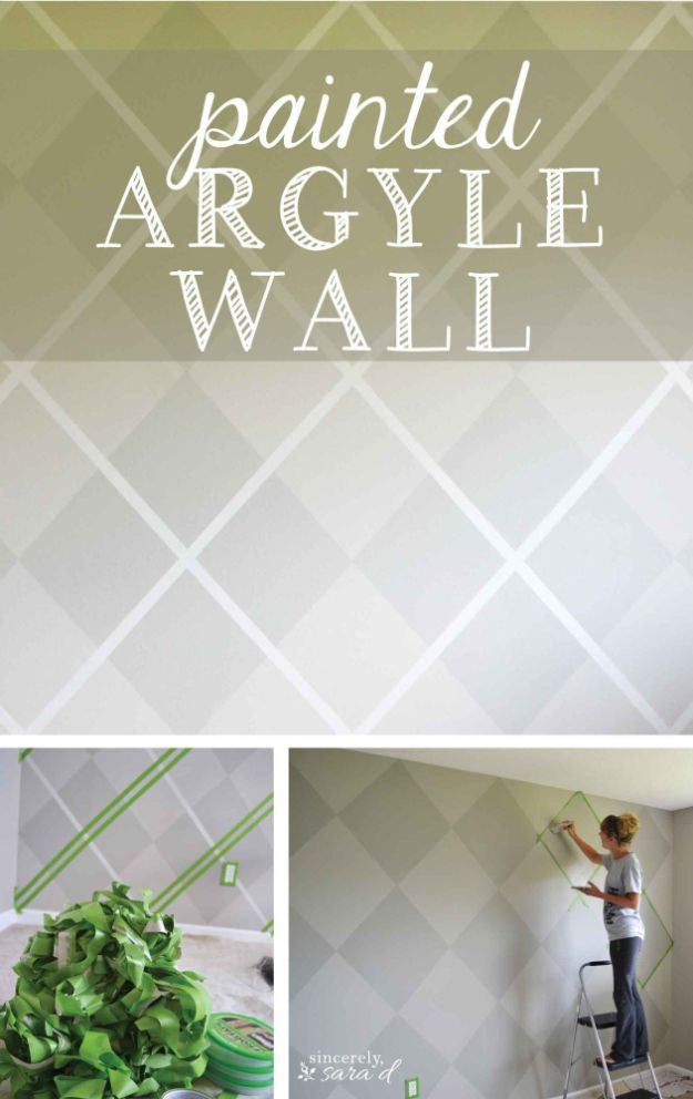 DIY Faux Finishes for Walls - Painted Argyle Wall - Step by Step Tutorials for Do It Yourself Faux Finish Wall Textures - Rustic, Colour, Tuscan Style, Simple Metallic, Sponge Painting Techniques, Roller and Drag Texture 