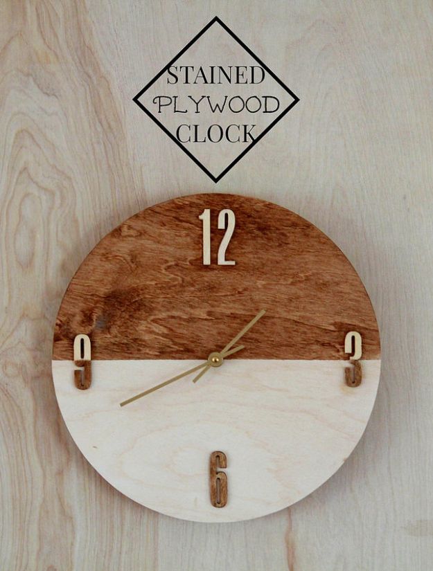 DIY Clocks - Stained Plywood Clock - Easy and Cheap Home Decor Ideas and Crafts for Wall Clock - Cool Bedroom and Living Room Decor, Farmhouse and Modern