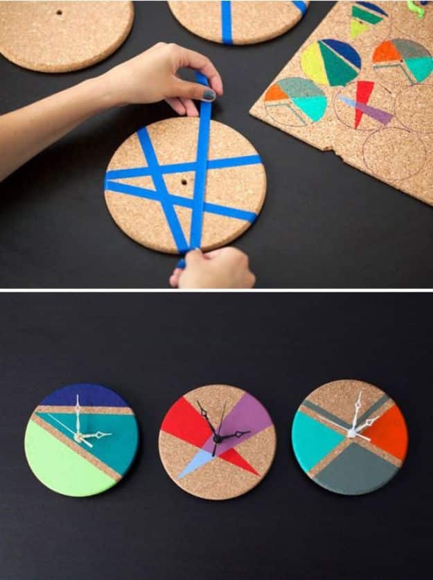 DIY Clocks - Turn Cork Trivets into Color Block Clocks - Easy and Cheap Home Decor Ideas and Crafts for Wall Clock - Cool Bedroom and Living Room Decor, Farmhouse and Modern