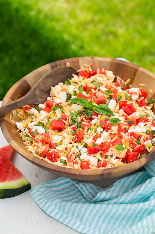 Watermelon Recipes - Watermelon Feta Orzo Salad with Lemon and Basil - Recipe Ideas for Watermelon - Easy and Quick Drinks, Salad, Party Foods, Cake, Margaritas