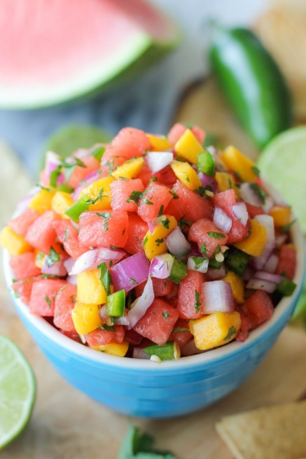 Watermelon Recipes - Watermelon Mango Pico de Gallo - Recipe Ideas for Watermelon - Easy and Quick Drinks, Salad, Party Foods, Cake, Margaritas