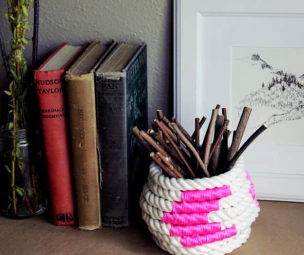 DIY Storage Baskets - Color Block Rope Coiled Basket - Cheap and Easy Ideas for Getting Organized - Creative Home Decor on A Budget - Farmhouse, Modern and Rustic Basket Projects