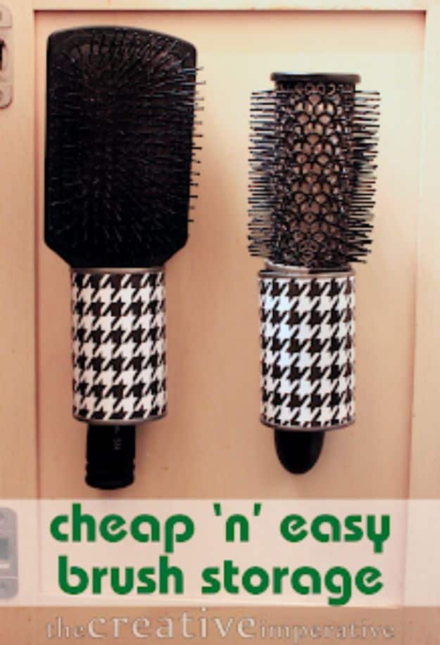 DIY Ideas With Tin Cans - Hanging Hairbrush Storage from Tin Cans - Cheap and Easy Organizing Projects and Crafts Made With A Tin Can - Cool Teen Craft Tutorials and Home Decor