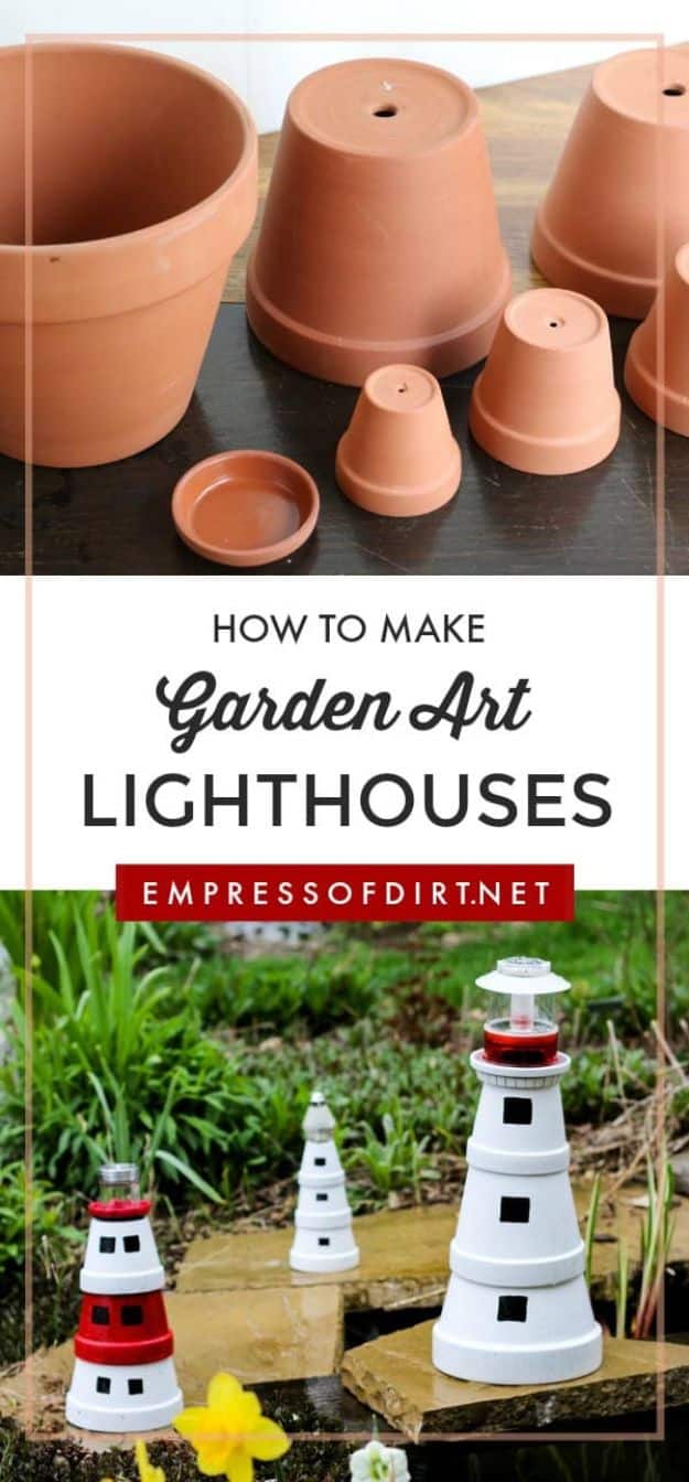 DIY Ideas for Clay Pots - Make a Garden Art Lighthouse from Clay Pots - Cute Gardening Projects Tutorials for Decorating Pots - Pretty Rustic and Farmhouse Planters for Cheap Home Decor