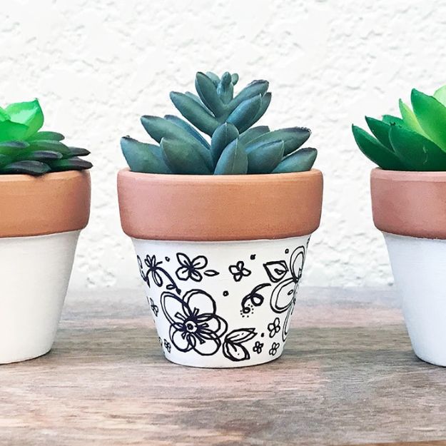 DIY Ideas for Clay Pots - Mini Hand-Drawn Art Clay Pot Planter- Cute Gardening Projects Tutorials for Decorating Pots - Pretty Rustic and Farmhouse Planters for Cheap Home Decor