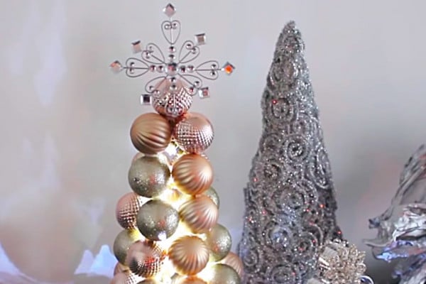 Learn to make a DIY Ball Tree Ornament Tree from cheap Dollar Tree Items