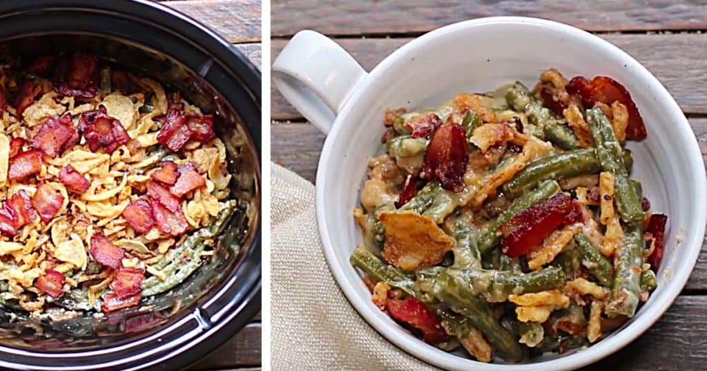 Delicious crockpot green bean casserole with bacon recipe