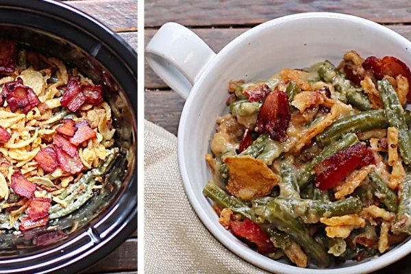 Delicious crockpot green bean casserole with bacon recipe