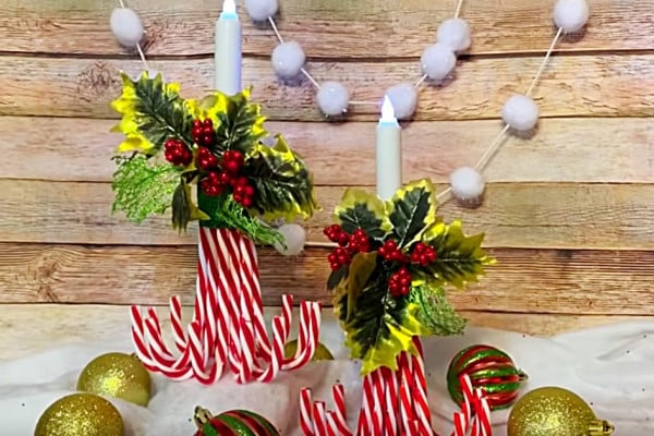 Learn to Make this Cheap Dollar Tree DIY Candy Cane Candle Holders