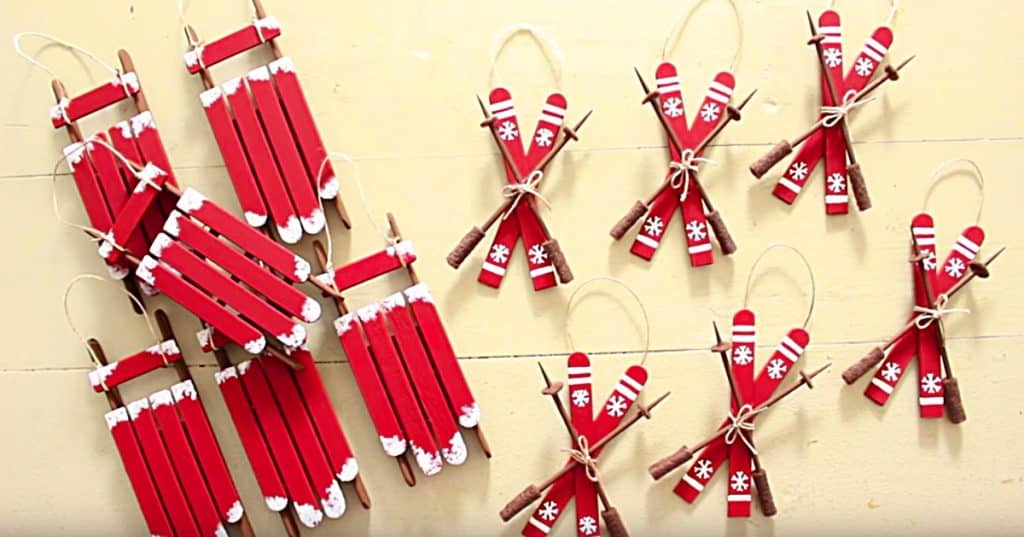 Learn this easy cheap DIY Sled and Ski Ornament Idea made from popsicle sticks