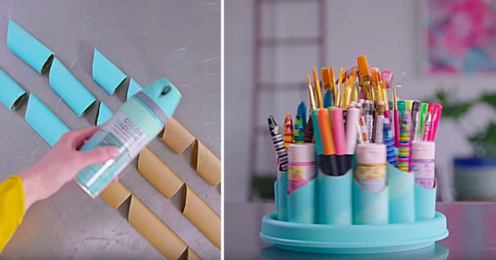 Learn to make a Lazy Susan Organizer from old gift wrap rolls