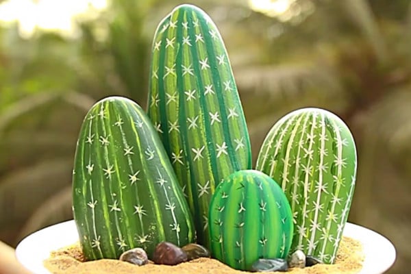 Learn to make a DIY cheap easy pebble cactus with craft paint
